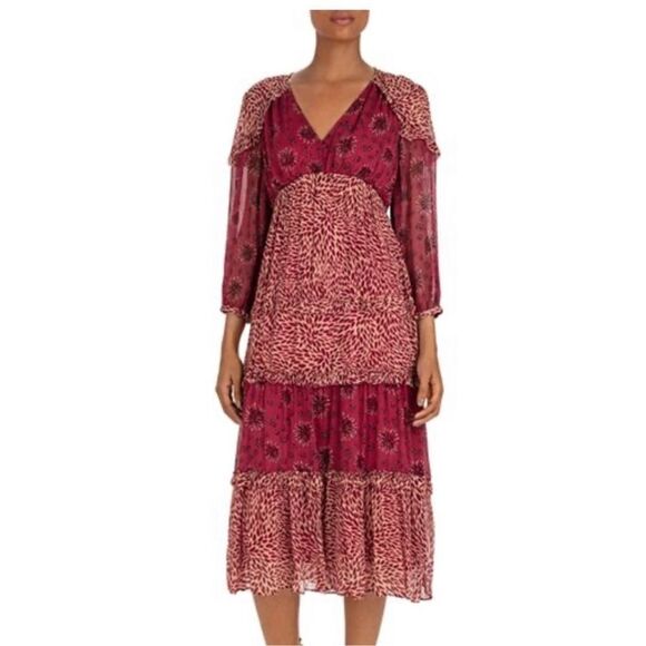 Ba&sh Floral Robe Gypsy Red Burgundy Midi Dress‎ size 2 - Picture 2 of 5